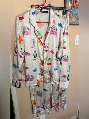 Nasty Gal Western Print Design Satin Pant Sleep Set